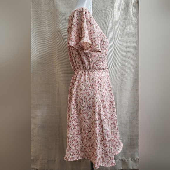 Monteau Los Angeles Pink White Floral Dress Size Medium Boho Prairie Tie Spring - Picture 4 of 11